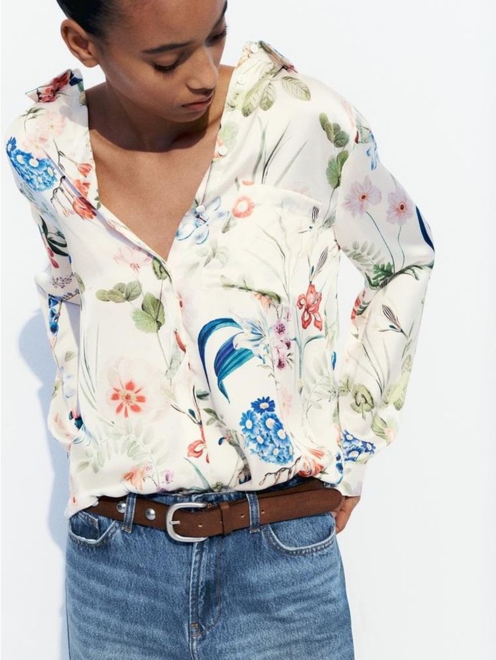 NWT ZARA SATIN FLORAL BUTTON DOWN XXL